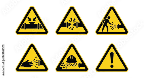 Set of yellow warning signs depicting various industrial hazards and safety