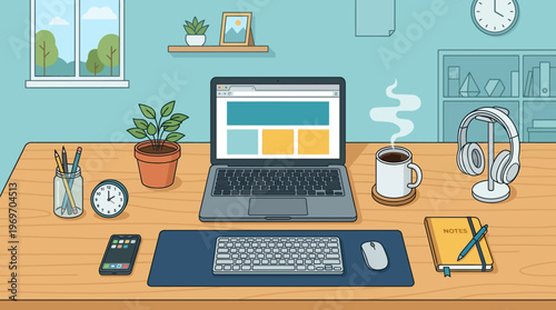 Home office workspace with laptop and accessories on white background