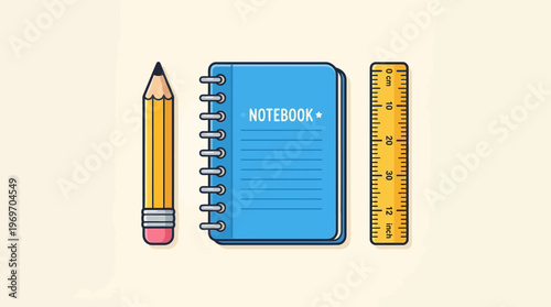 School supplies including a pencil, notebook and ruler on white background