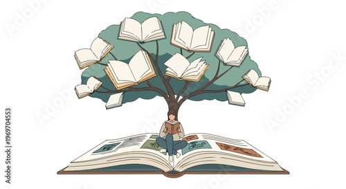 Illustration of a tree growing out of an open book with leaves made of books on a white background, symbolizing knowledge and education