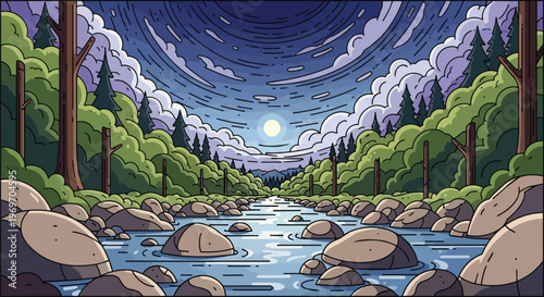 Moonlit River Landscape with Rocky Shore and Forest Illustration