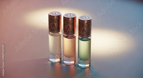 Three elegant rollerball perfume bottles with ornate caps displayed