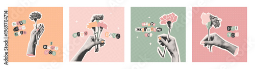 Halftone collage Happy Mothers Day cards set. Hand holding carnation flowers with trendy vintage magazine paper cut out text Best mom ever, with love, for you. Square vector illustration for web print
