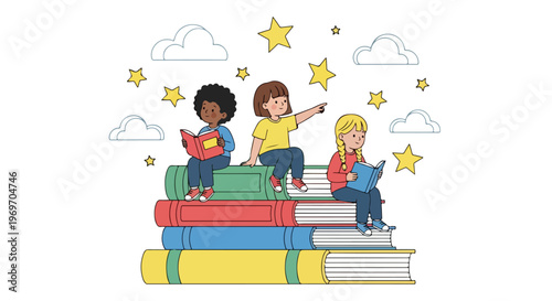 Diverse children sitting on stack of colorful books under starry sky with clouds reading and learning together happily