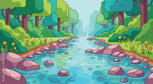 Cartoon Forest Stream with Rocks and Lush Green Trees
