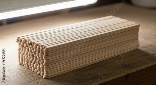 Neatly Stacked Wooden Craft Sticks on Surface