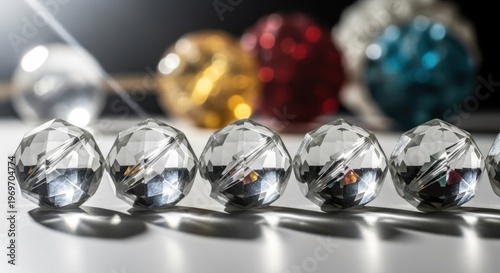 Three Clear Faceted Crystal Ornaments with Blurred Festive Decorations