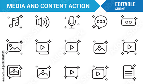 Digital media icons set with content actions and interface controls