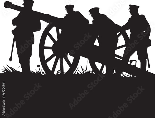 Vintage Military Cannon and Soldier Artillery Team Silhouette