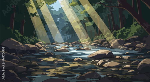 Anime Style Forest Stream with Sunbeams and Rocks
