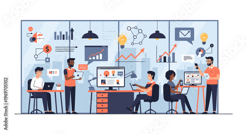 This minimalist illustration portrays a professional working diligently at a desk. Ideal for concepts of productivity, remote work, and modern office 