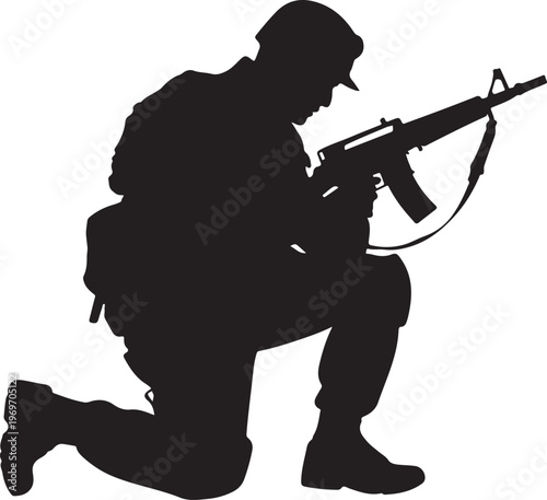 Soldier in combat gear kneels aiming a rifle during a military operation or training