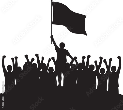 United Crowd Protesting Silhouette with Leader Holding Flag