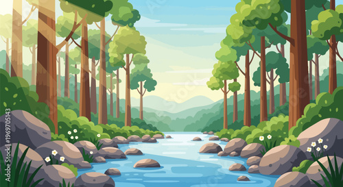 Scenic Forest River Landscape with Rocks and Trees Illustration