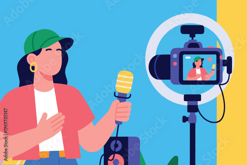Content creator with microphone, camera, and ring light, stylized vector illustration of vlogging setup.