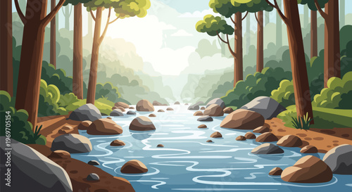 Serene Forest River Landscape with Rocky Banks and Sunlit Trees