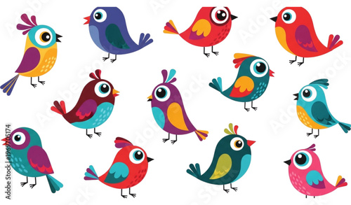 Colorful bird pattern illustration with big eyes in playful cartoon style for postcards and banners