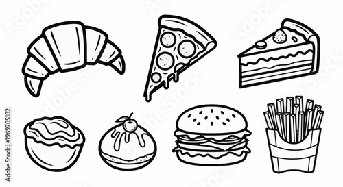 Cartoon style food illustrations croissant, pizza, cake, cupcake, donut, burger, fries