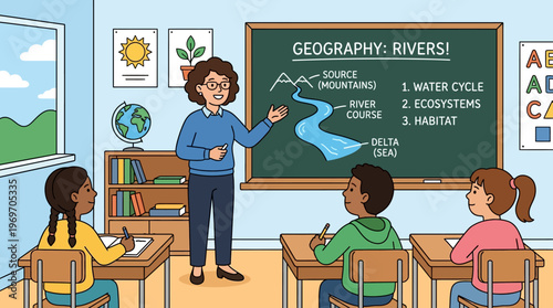 Teacher explaining geography to students in a classroom on white background