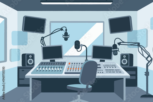 Professional radio studio with mixing console, microphones, and monitors, stylized vector illustration of audio production.