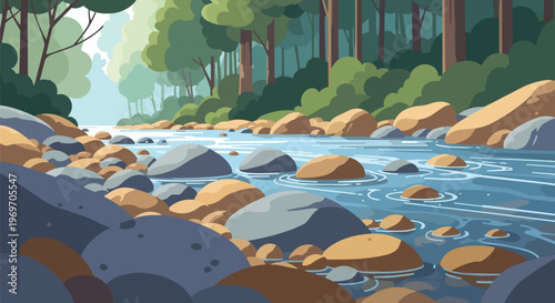 Serene Rocky River Flowing Through A Lush Forest Landscape Illustration