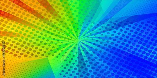 Abstract colorful background vector illustration featuring a digital technology pattern with blue and green wave shapes, halftone dots, and artistic light circles for a modern business wallpaper