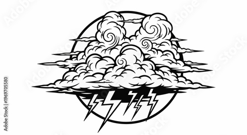 Black and white illustration of a stormy cloud with lightning bolts