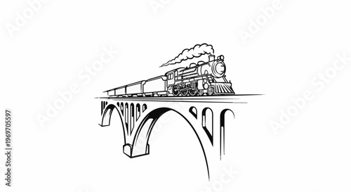 Black and white illustration of a steam train on a bridge