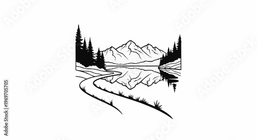 Black and white illustration of a winding road leading to a serene lake reflecting mountains and trees