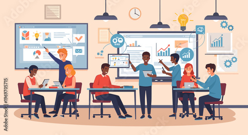 A minimalist illustration depicting a man seated at a desk using a digital tablet. This image conveys focus and productivity, suitable for websites, a