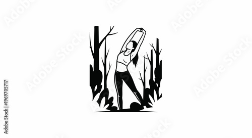 Black and white illustration of a woman stretching her arms upwards in a forest