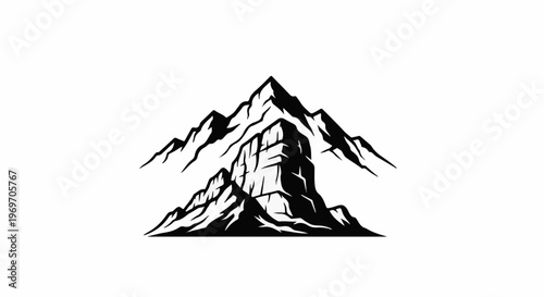 Black and white illustration of rugged mountains with sharp peaks and rocky formations