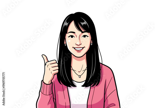 Cartoon woman with black hair giving thumbs up smiling