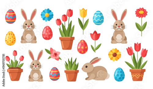 Colorful Easter illustration with bunnies eggs flowers tulips and pots for cards banners and spring design