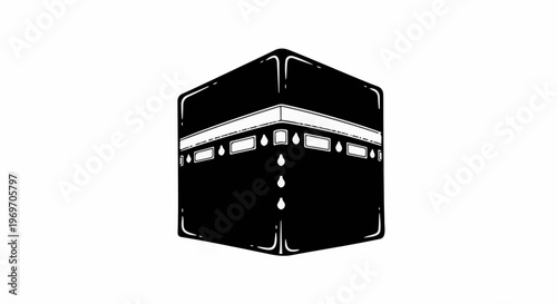 Black and white illustration of the Kaaba in Mecca, a cube-shaped building