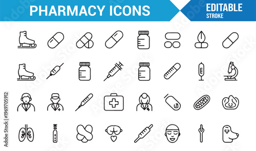 Minimal medical icons set with pills syringe and healthcare tools