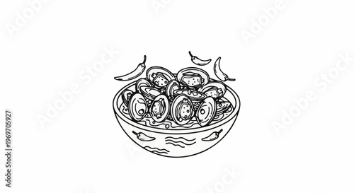 Black and white line drawing of a bowl of clams with chilies