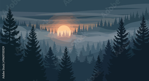 Minimalist Pine Forest Landscape with Misty Sunset Background