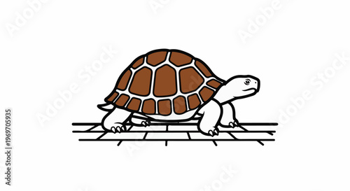 Cartoon tortoise with brown patterned shell walks on brick path