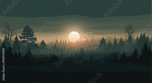 Minimalist Forest Landscape with Glowing Sun at Twilight