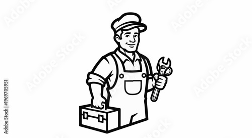 Cartoon tradesman in overalls holding tools and toolbox