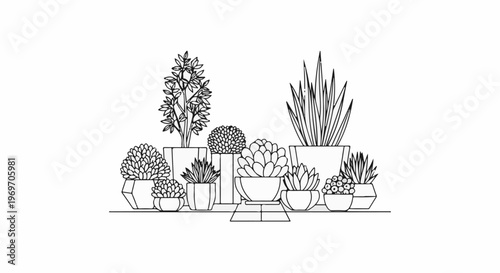 Black and white line drawing of a diverse collection of potted succulent plants