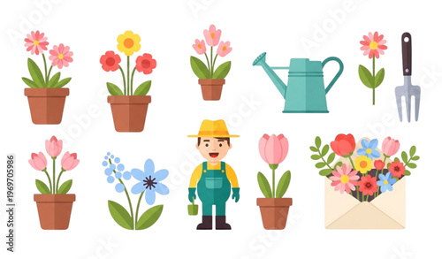 Spring flowers and gardening vector set with pots watering can floral envelope and gardener for design