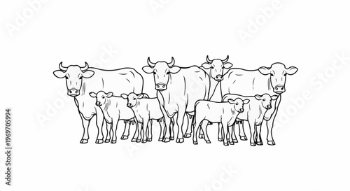 Black and white line drawing of a herd of cows and calves standing together