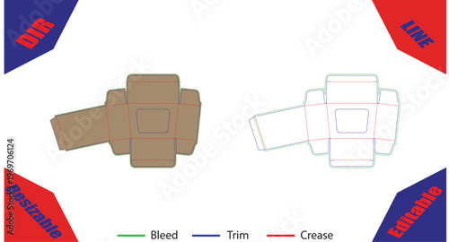 Orange and white cardboard packaging mockups with bleed trim and crease lines