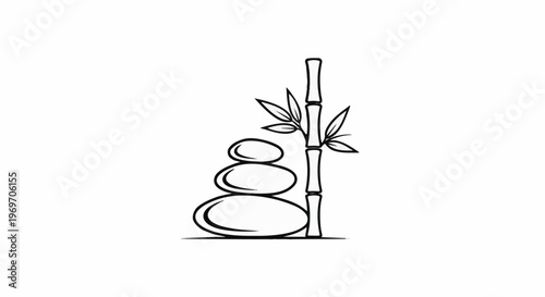 Black and white line drawing of stacked stones and bamboo stalk