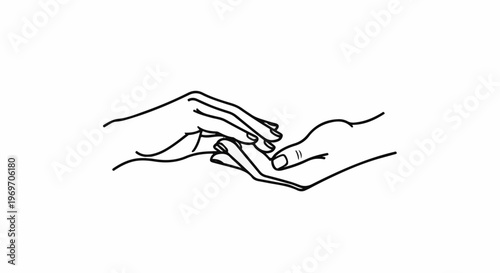 Black and white line drawing of two hands gently touching
