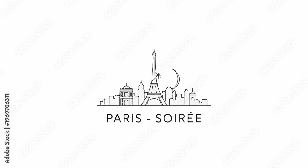 Fototapeta premium Black and white outline of Paris skyline with Eiffel Tower and crescent moon
