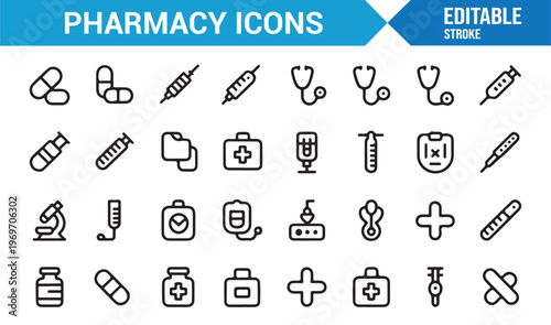 Pharmacy and medicine icon set for hospital clinic and healthcare design