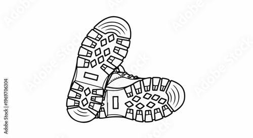 Black and white outline of two hiking boots viewed from below